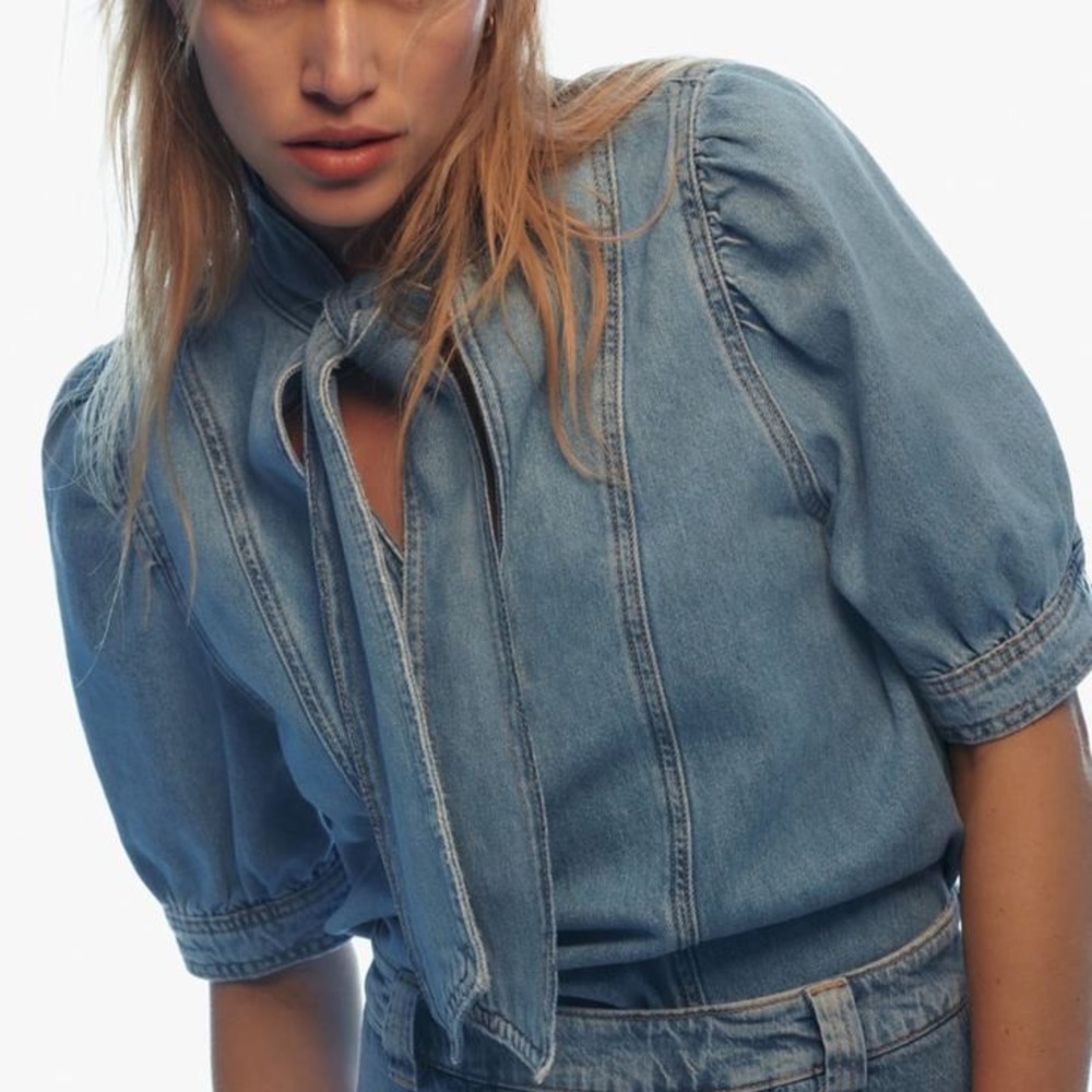 Zara Denim Blouse with Bow Detail